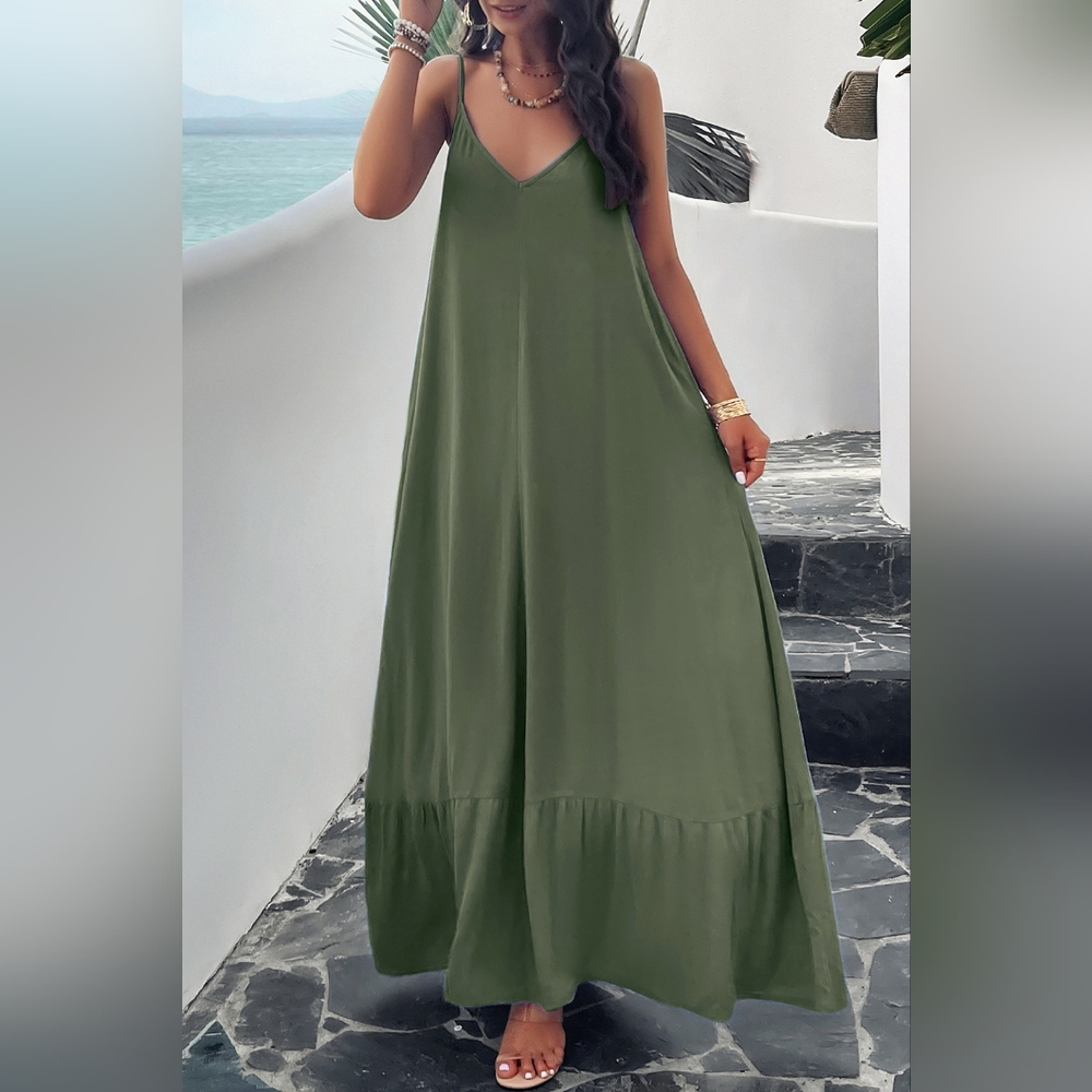 Oversized Pocket Casual Sleeveless V-Neck Low Back Long Summer Maxi Dress - Picture 6 of 12